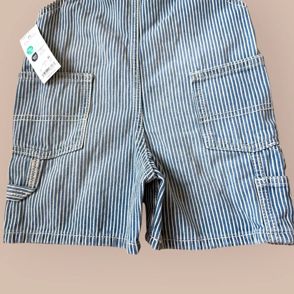 OshKosh B'gosh Railroad Striped Bib Shortalls Overalls Unisex 2T Blue White New